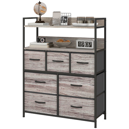 Retro Style Rustic Chest of Seven Fabric Drawers - Grey Wood Effect