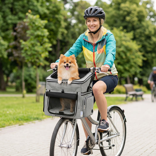 Dog Bike Basket Soft-Sided Pet Carrier | Security Leash | Mesh Doors & Windows | Plush Cushion | Roller Blind | Side Pockets | Includes Bowl | 5kg Capacity | 33x26x35cm | 300D Cloth | Light Grey