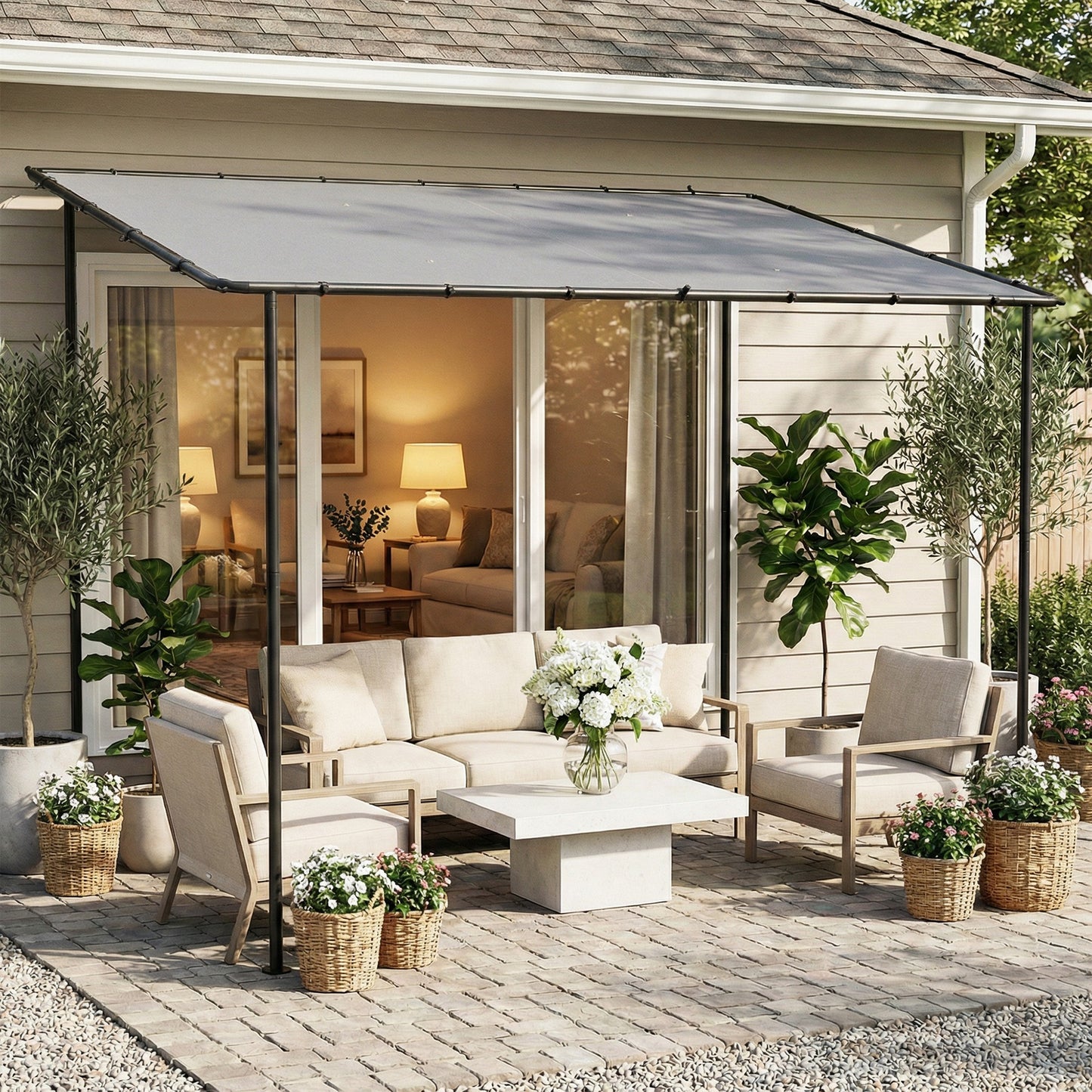 3x1.8m Lean-To Garden Pergola | UPF30+ Canopy | Sloped Roof & Drainage | Metal Frame | Grey