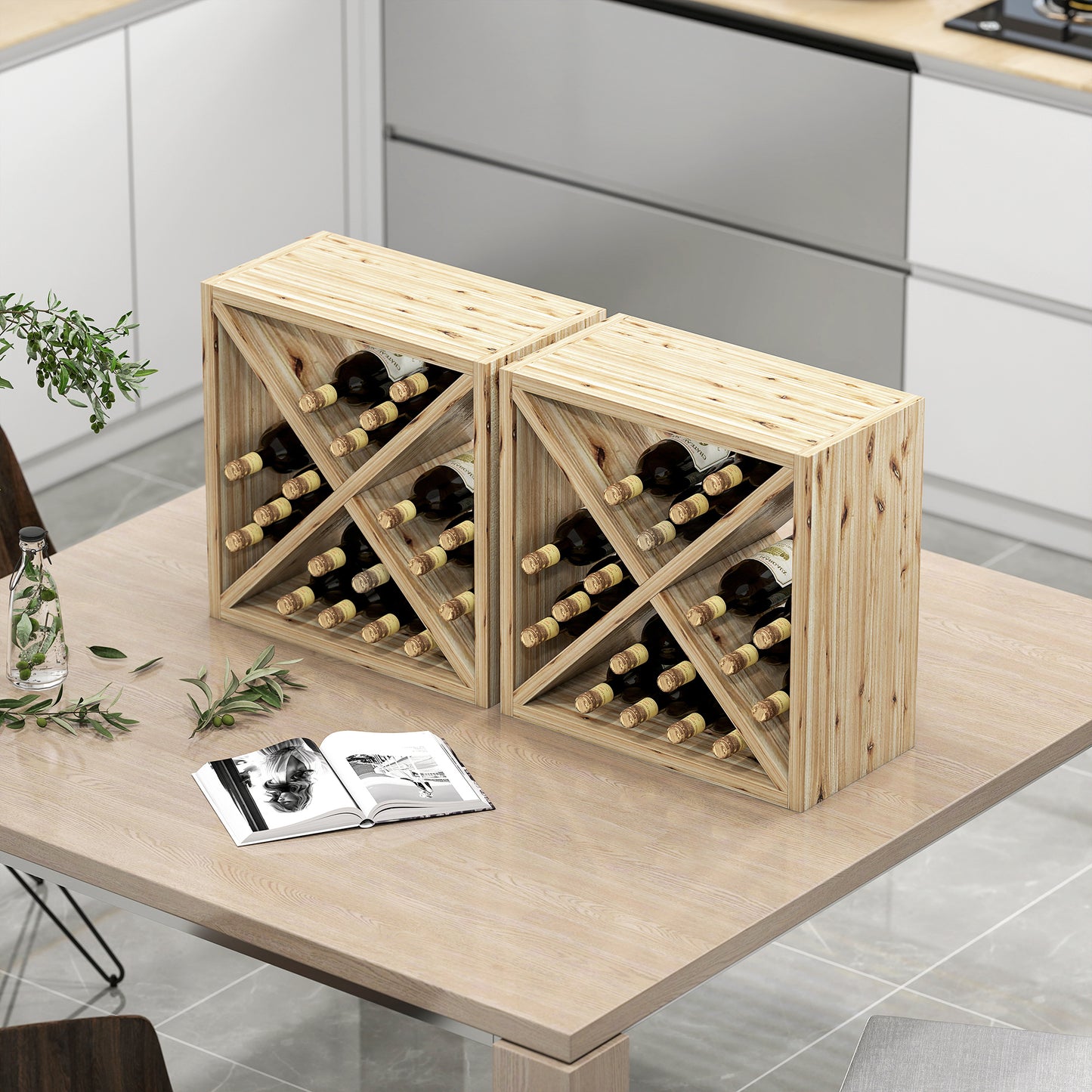 Set of 2 Wooden Wine Rack, X-Shaped Square Tabletop Storage Holder for 24 Bottle, Natural Wood