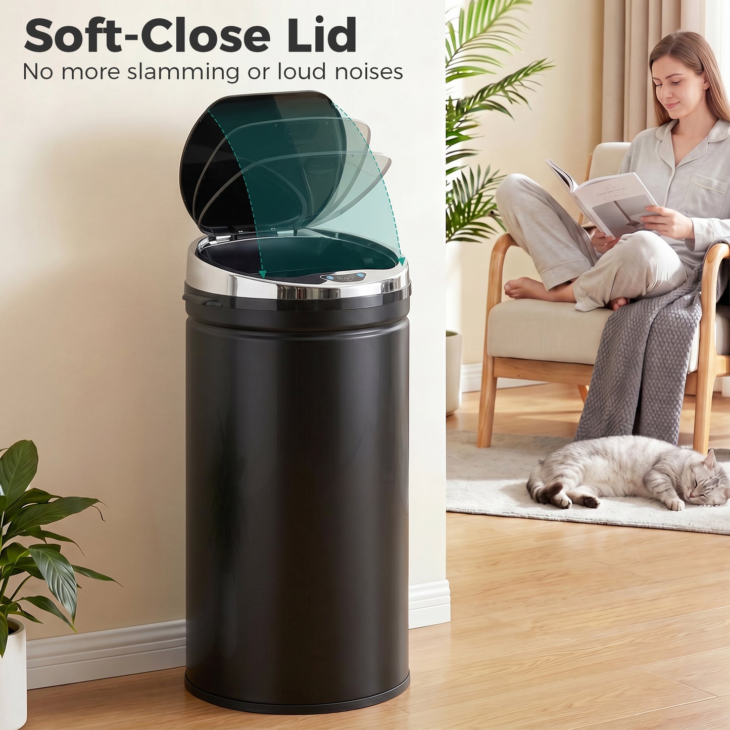 42L Sensor Bin | Automatic Hand-Wave Opening | Soft-Close Lid | Fingerprint-Resistant Stainless Steel | Black