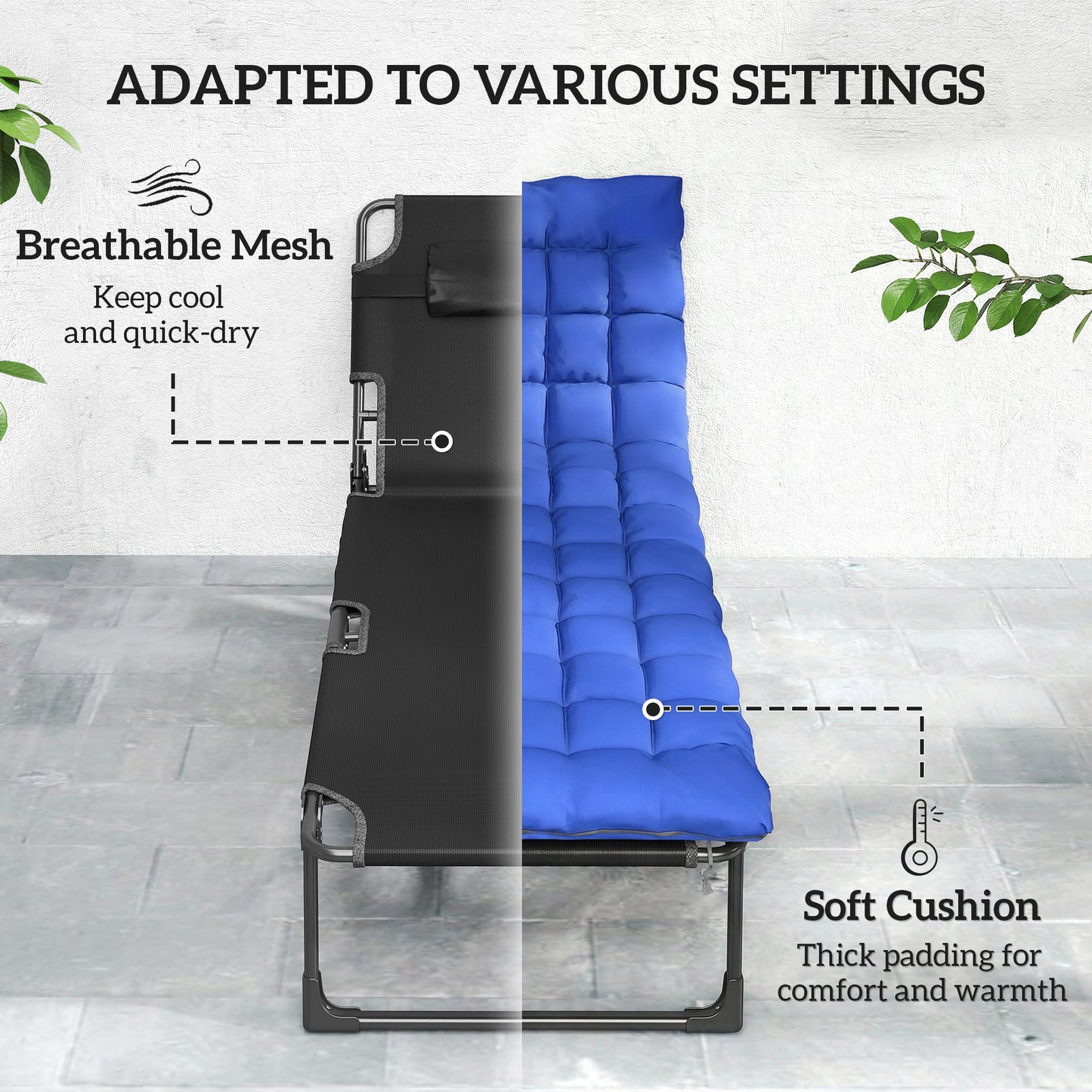 Set of 2 Folding Sun Loungers | 5-Position Recliner | Breathable Mesh Seat | Cushion & Headrest | Side Pocket | 190x68cm | 120kg | Blue