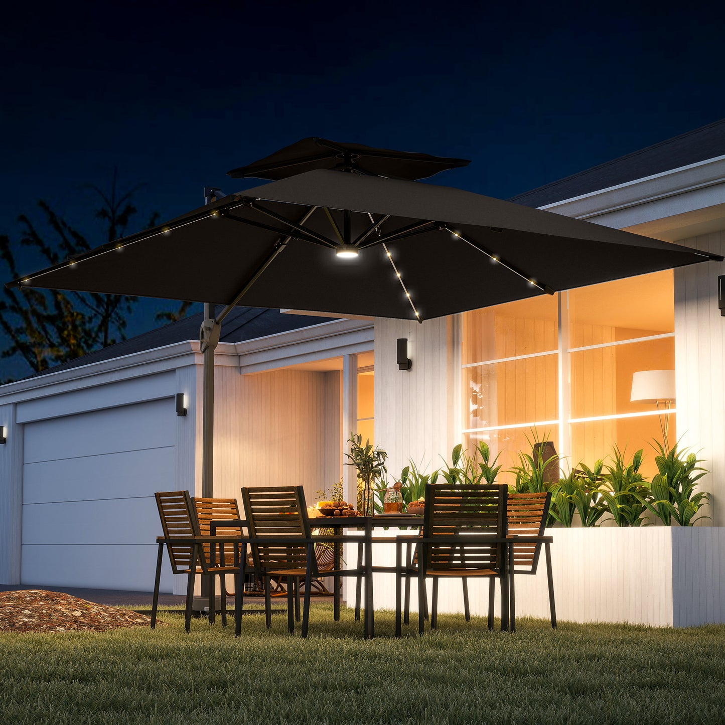 Outsunny 3.5x3 m Garden Cantilever Parasol with Solar LED Lights and Centre Light, Aluminium Large Square Patio Umbrella, UPF50+ Hanging Sun Shade with Cross Base