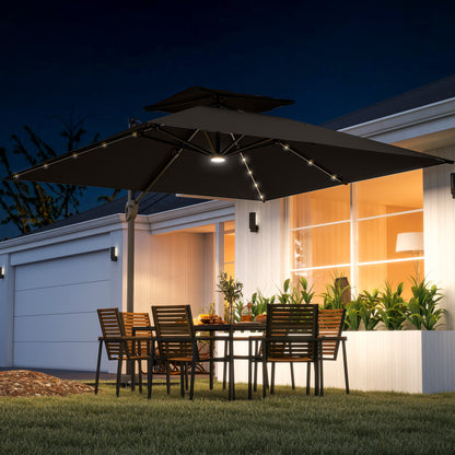 Outsunny 3.5x3 m Garden Cantilever Parasol with Solar LED Lights and Centre Light, Aluminium Large Square Patio Umbrella, UPF50+ Hanging Sun Shade with Cross Base