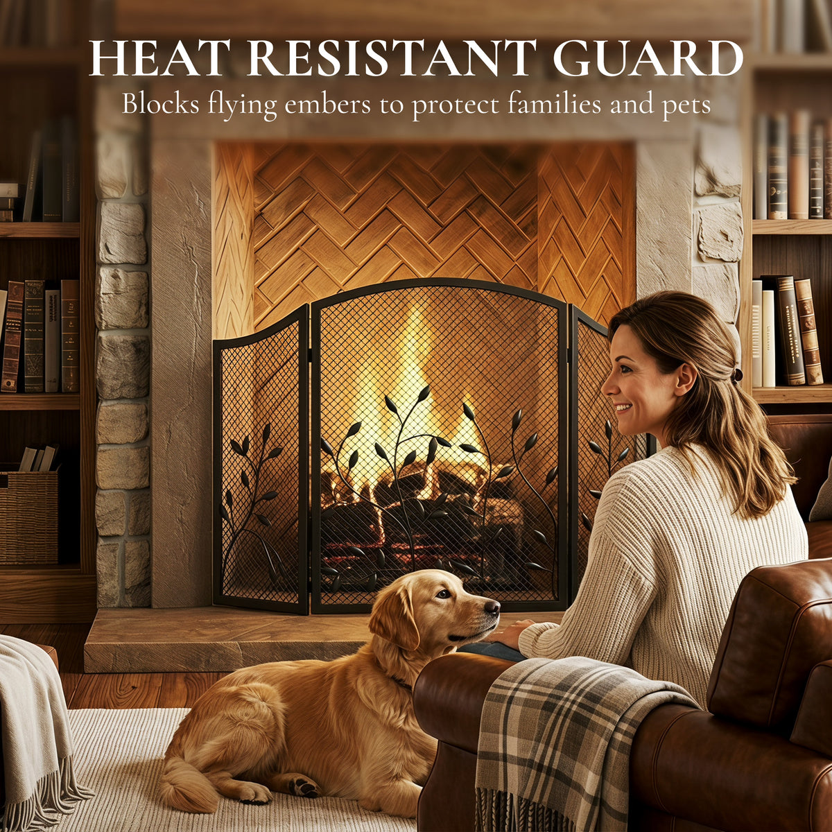 3-Panel Folding Fireplace Screen | Powder-Coated Metal | Spark Guard | 122x75cm Open | Folds to 61cm | Adjustable Layout | No Assembly | Black