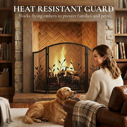 3-Panel Folding Fireplace Screen | Powder-Coated Metal | Spark Guard | 122x75cm Open | Folds to 61cm | Adjustable Layout | No Assembly | Black
