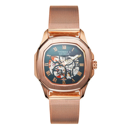 Thomas & George Berlin Rose Gold Edition Automatic Skeleton Watch | Cushion-Shaped Alloy Case & Roman Numeral Dial | Stainless Steel Mesh Strap