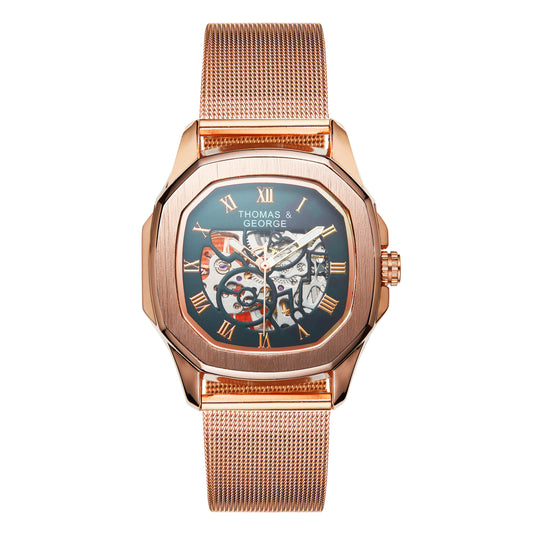 Thomas & George Berlin Rose Gold Edition Automatic Skeleton Watch | Cushion-Shaped Alloy Case & Roman Numeral Dial | Stainless Steel Mesh Strap