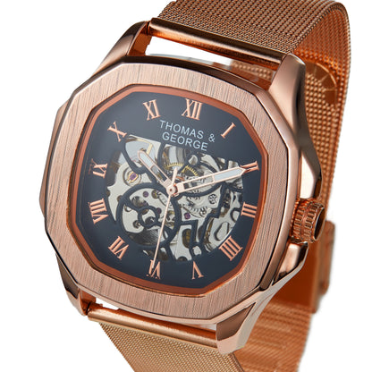 Thomas & George Berlin Rose Gold Edition Automatic Skeleton Watch | Cushion-Shaped Alloy Case & Roman Numeral Dial | Stainless Steel Mesh Strap