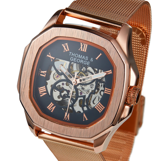 Thomas & George Berlin Rose Gold Edition Automatic Skeleton Watch | Cushion-Shaped Alloy Case & Roman Numeral Dial | Stainless Steel Mesh Strap