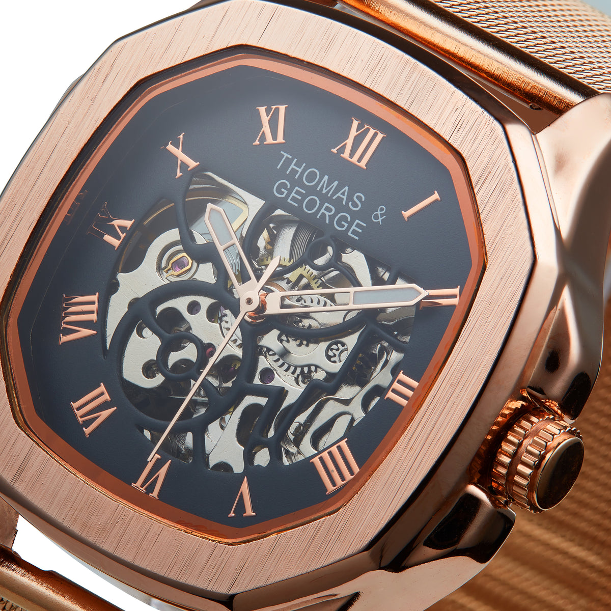 Thomas & George Berlin Rose Gold Edition Automatic Skeleton Watch | Cushion-Shaped Alloy Case & Roman Numeral Dial | Stainless Steel Mesh Strap