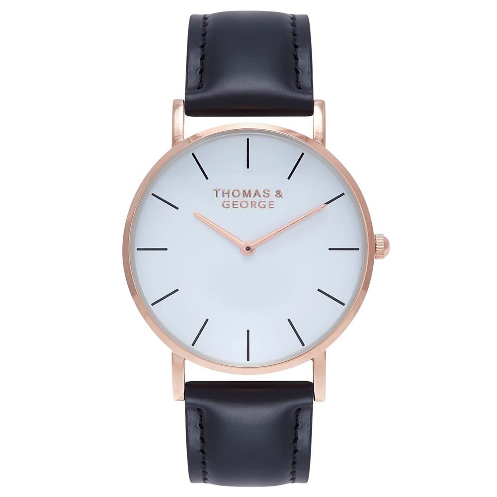 Thomas & George Bakersfield Black Watch | 40mm Gold-Tone Case, White Dial & Black Leather Strap | Slim 6mm Japanese Quartz | Optional Luxury Box