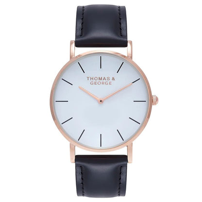 Thomas & George Bakersfield Black Watch | 40mm Gold-Tone Case, White Dial & Black Leather Strap | Slim 6mm Japanese Quartz | Optional Luxury Box