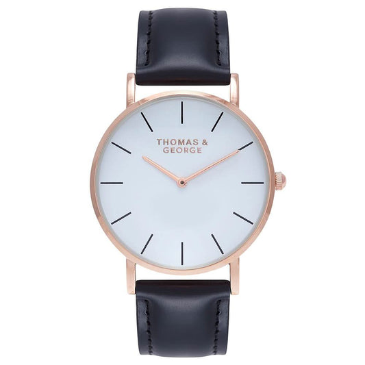 Thomas & George Bakersfield Black Watch | 40mm Gold-Tone Case, White Dial & Black Leather Strap | Slim 6mm Japanese Quartz | Optional Luxury Box