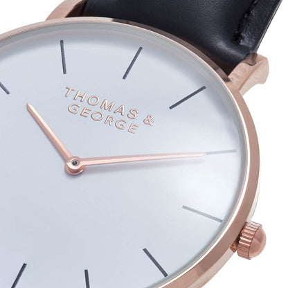 Thomas & George Bakersfield Black Watch | 40mm Gold-Tone Case, White Dial & Black Leather Strap | Slim 6mm Japanese Quartz | Optional Luxury Box