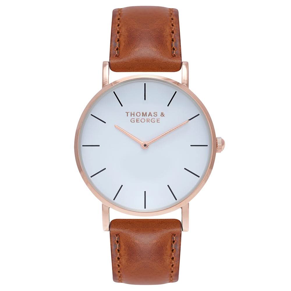 Thomas & George Bakersfield Brown Watch | 40mm Slim Gold-Tone Case & White Dial | Japanese Quartz Movement | Brown Leather Strap