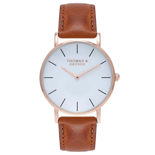 Thomas & George Bakersfield Brown Watch | 40mm Slim Gold-Tone Case & White Dial | Japanese Quartz Movement | Brown Leather Strap