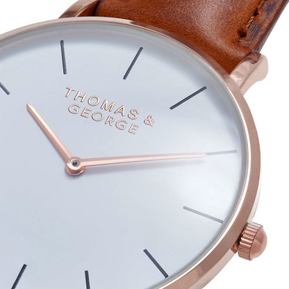Thomas & George Bakersfield Brown Watch | 40mm Slim Gold-Tone Case & White Dial | Japanese Quartz Movement | Brown Leather Strap