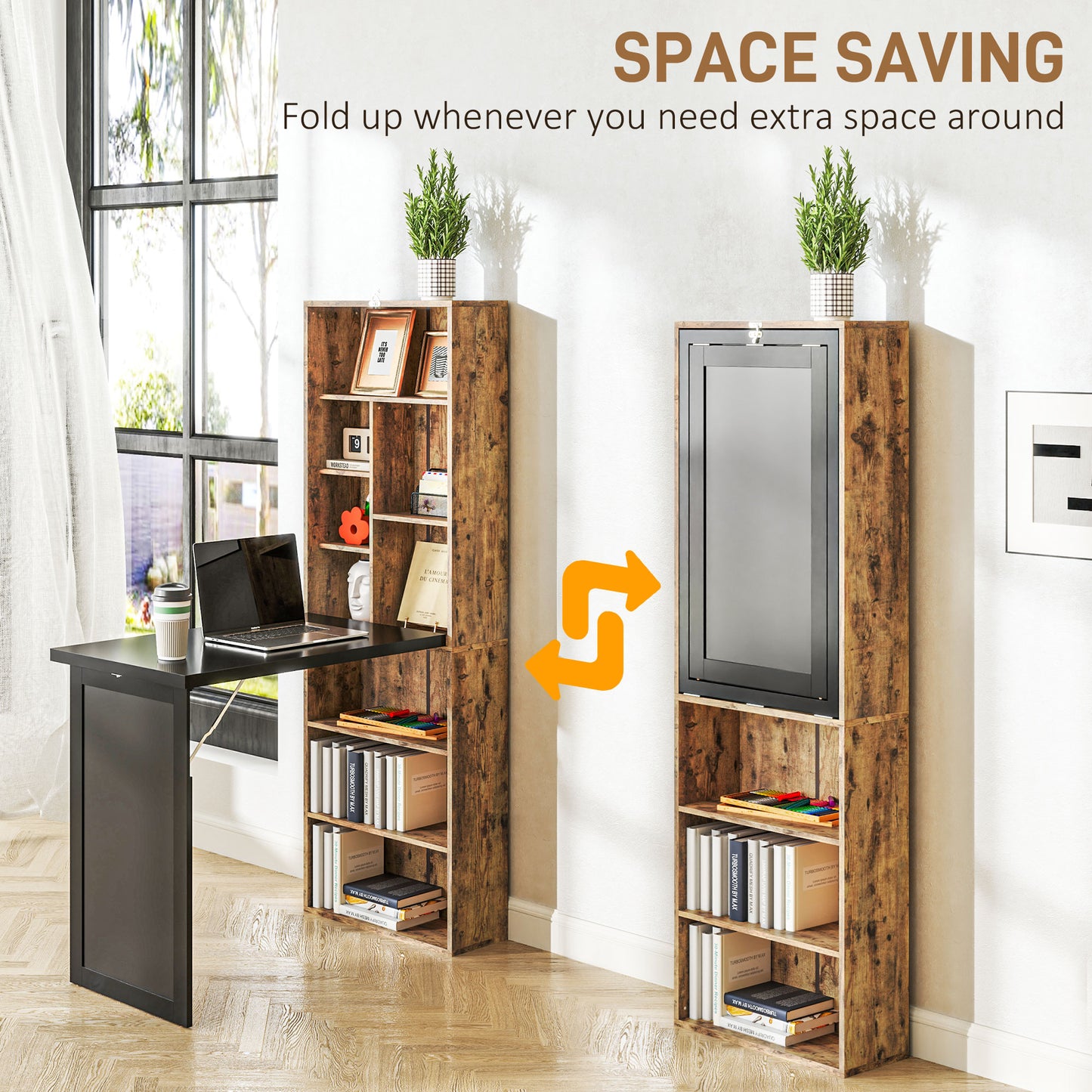 Folding Desk with Blackboard Multi-function Computer Office Workstation Side Shelf for Home Office, Rustic Brown