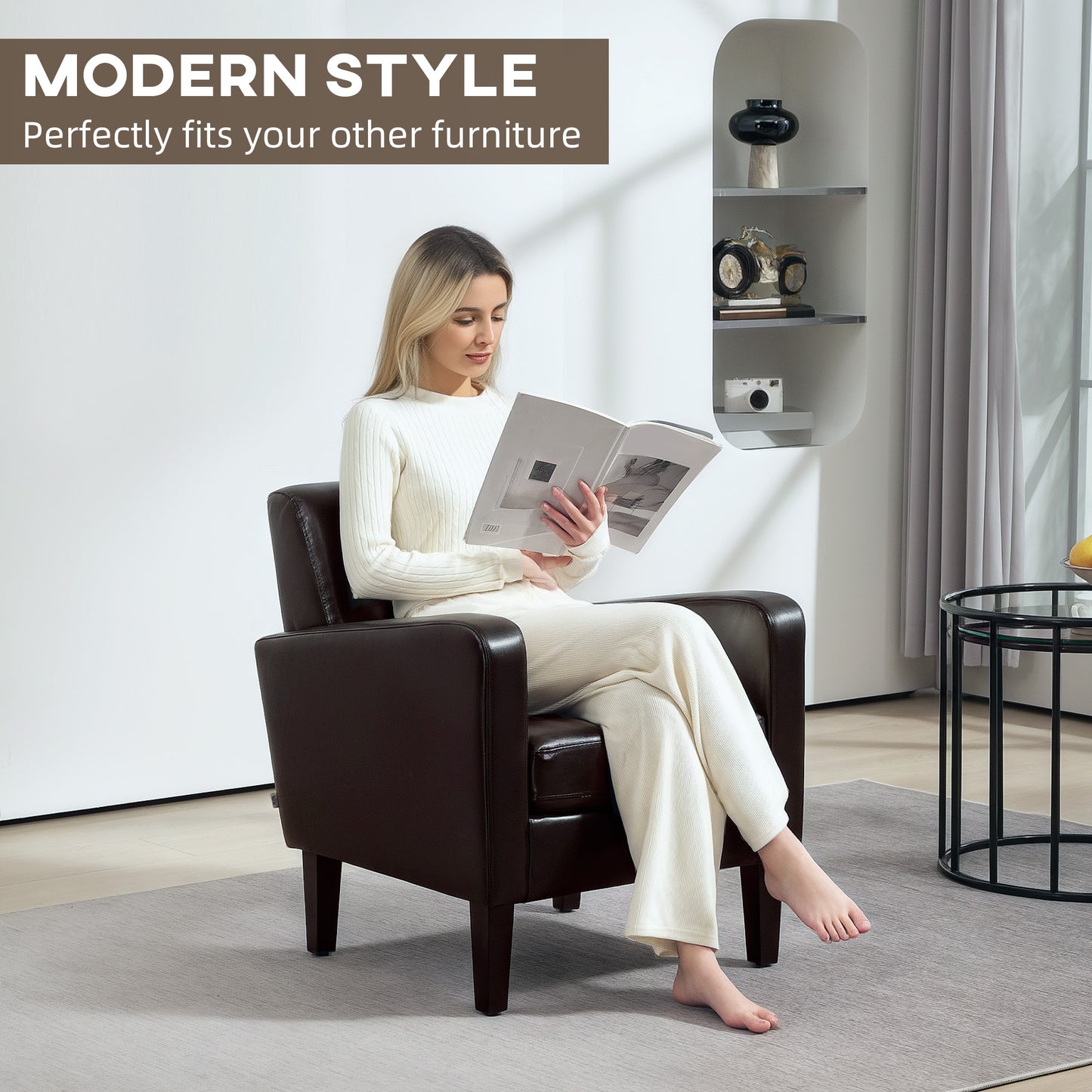 Modern Armchair with Rubber Wood Legs, Upholstered Accent Chair, Single Sofa for Living Room, Bedroom, Brown
