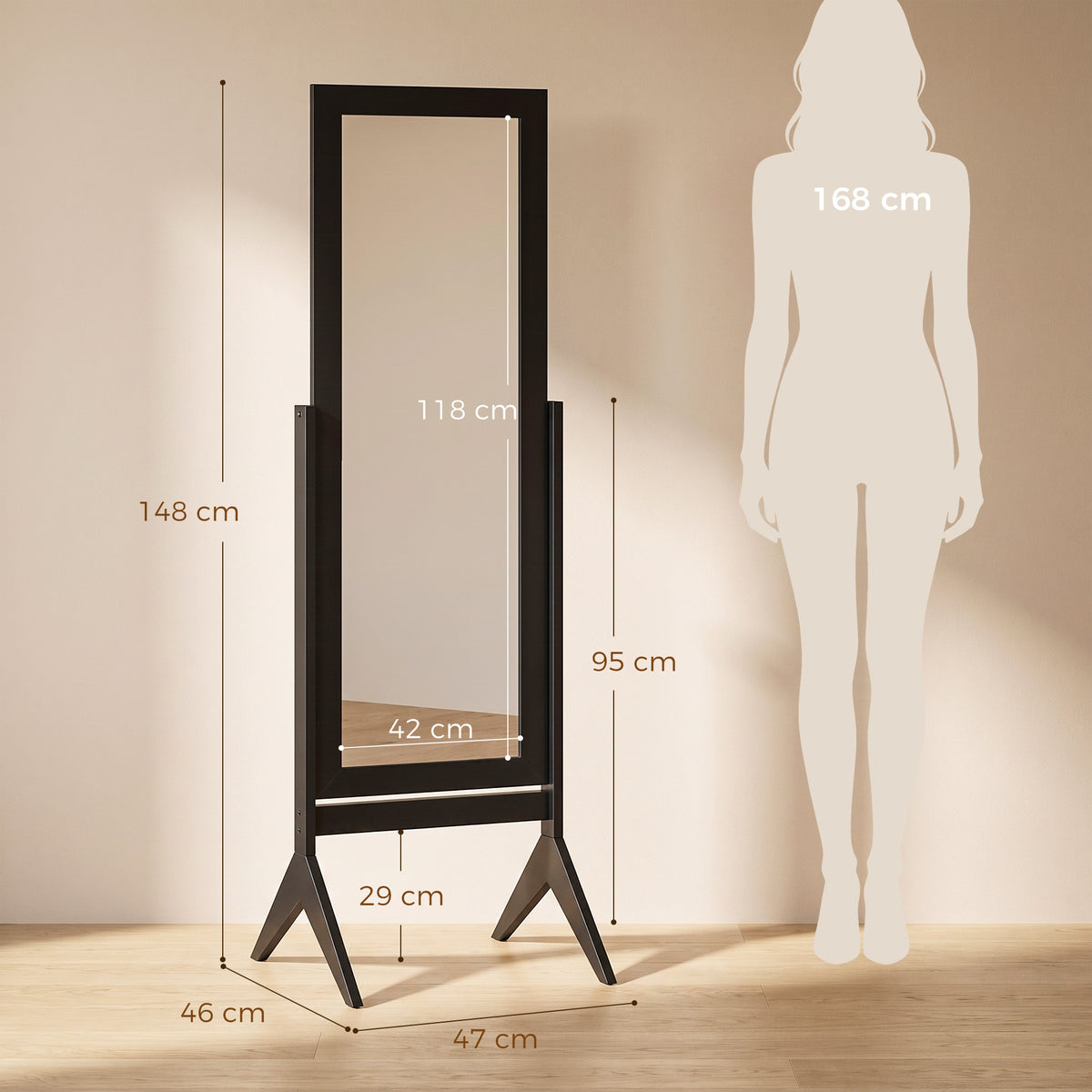 Freestanding Full-Length Dressing Mirror | Black E1 MDF & Glass | 47x46x148cm | Mirror 118x42cm | Tilts to 2 Angles | 4-Foot Stable Base | Bedroom Bathroom Hallway | Flat Pack