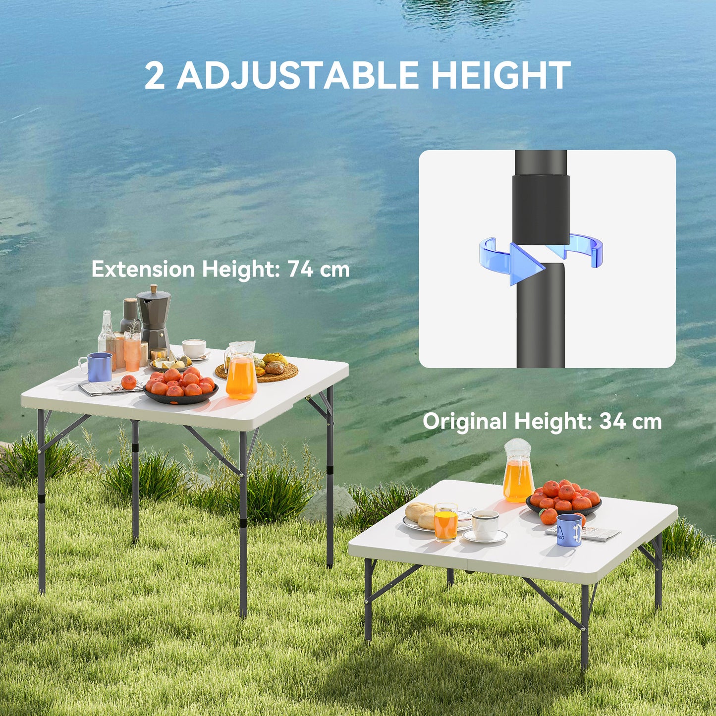 3ft Folding Camping Table, Heavy Duty Picnic Table with 2 Adjustable Height for Indoor Outdoor Garden, Party, BBQ, White