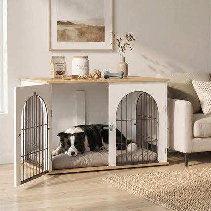 Dog Crate Furniture Side Table | Double Doors | Arched Wood-Grain Design | Large Dogs up to 30kg | 100 x 60 x 69cm | White