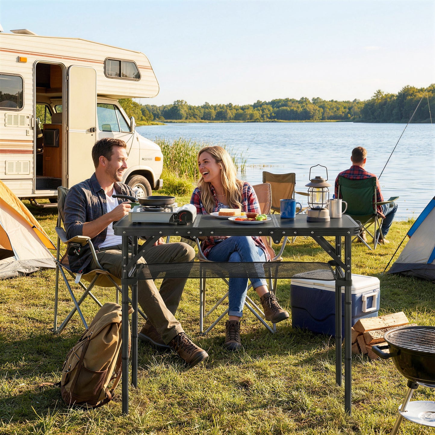 3ft Folding Camping Picnic Table | Tri-Fold | 90x40cm | Water Repellent MDF Top | Mesh Storage Layer | Carry Bag | 35kg | Black