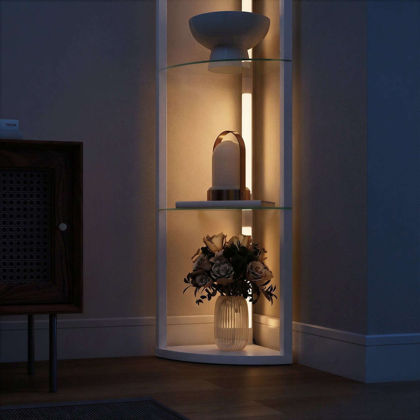 LED Floor Lamp with 5 Shelves | 3 Brightness Levels | Foot Switch | 20W 3000K | Frosted Glass Tiers | 162cm | Grey