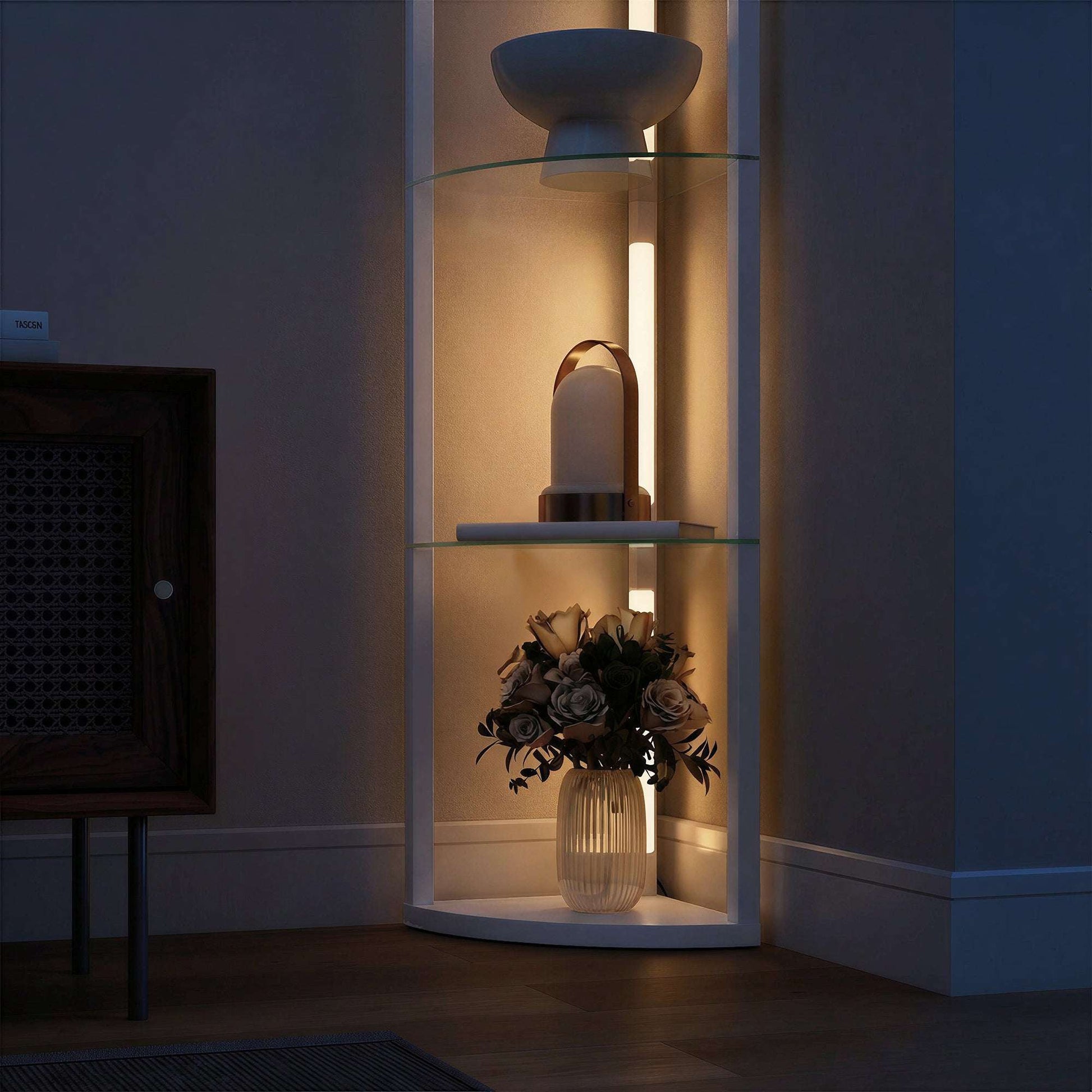 LED Floor Lamp with 5 Shelves | 3 Brightness Levels | Foot Switch | 20W 3000K | Frosted Glass Tiers | 162cm | Grey
