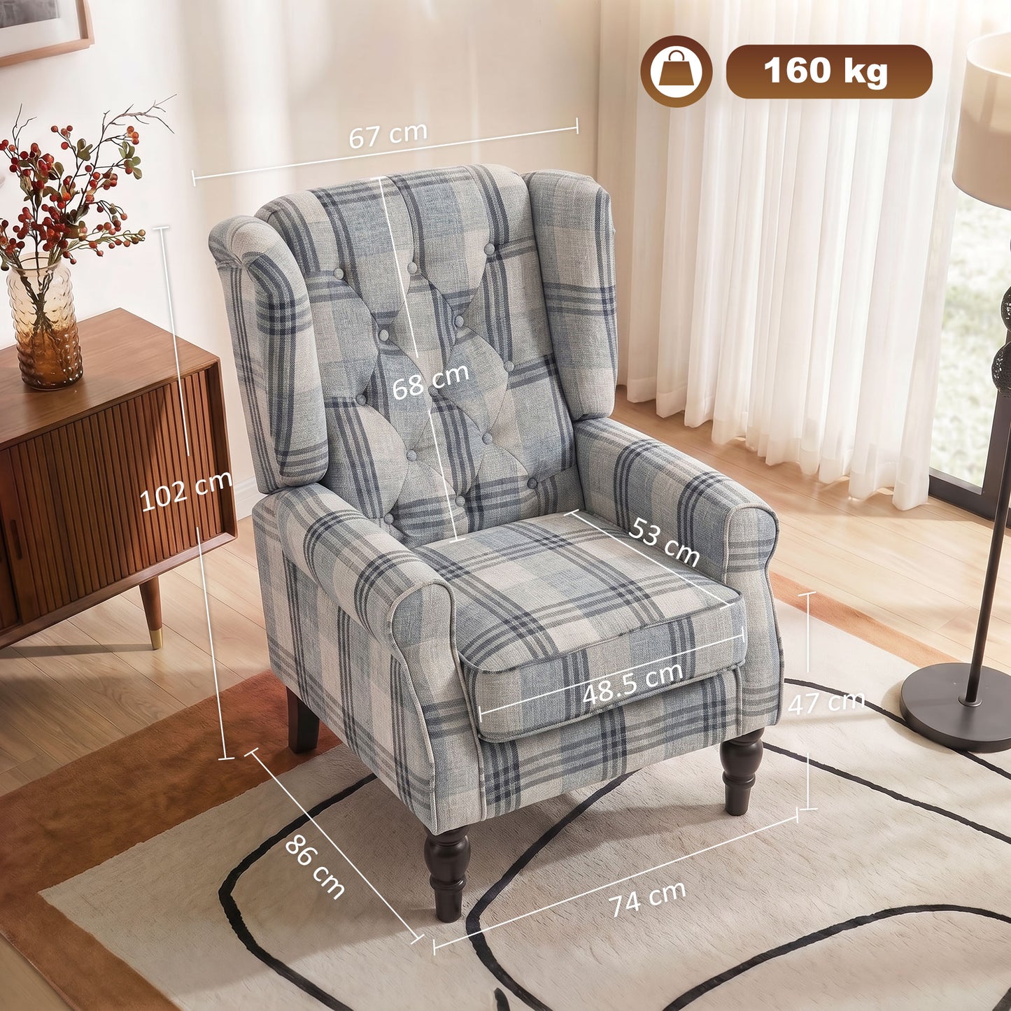 Retro Wingback Armchair | Faux Linen Mixed Plaid | Pocket Spring Cushion | Deep Tufted High Back | Solid Wood Legs