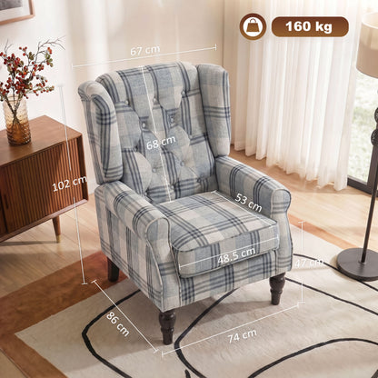 Retro Wingback Armchair | Faux Linen Mixed Plaid | Pocket Spring Cushion | Deep Tufted High Back | Solid Wood Legs
