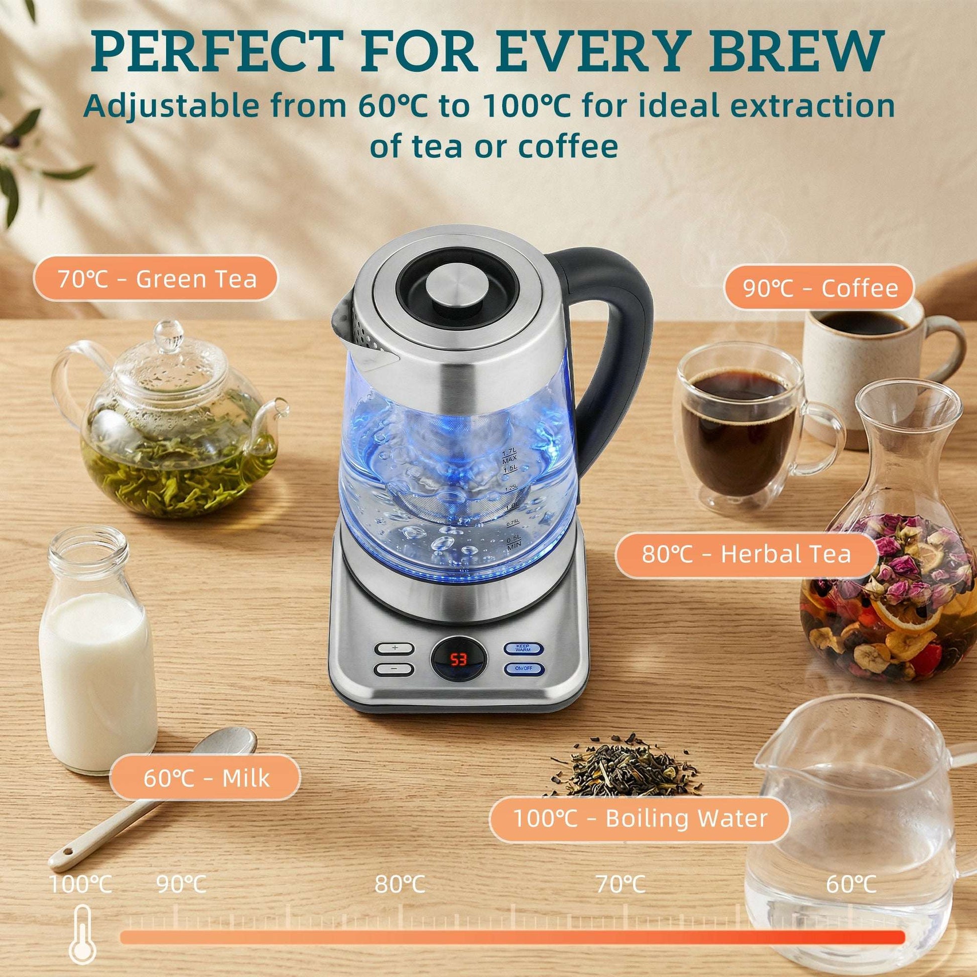 1.7L Glass Electric Kettle | 3000W Strix Controller | 5 Temperature Presets 60-100°C | 2hr Keep-Warm | Built-In Tea Infuser | LCD Display | Stainless Steel Base | 70cm Cable | Silver