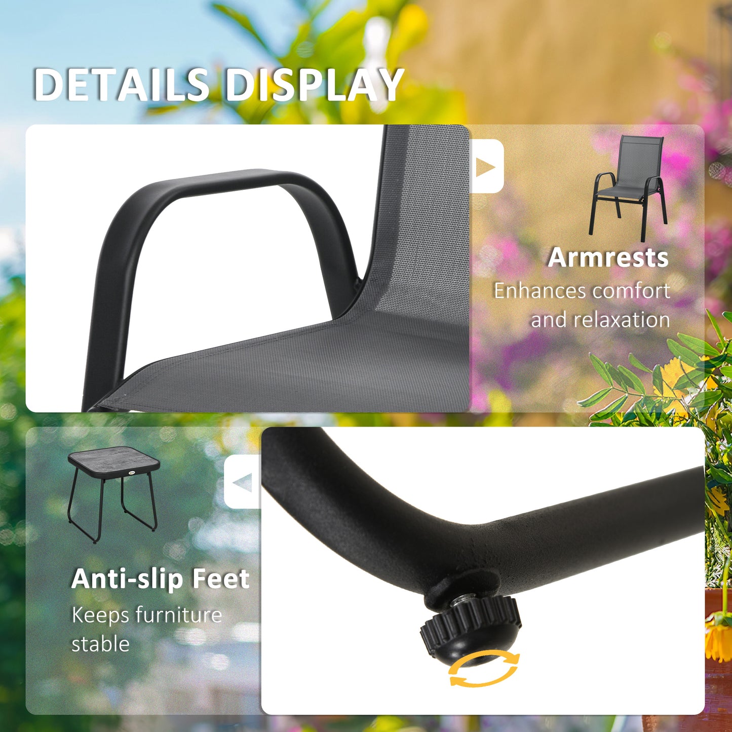 Outsunny 3 Piece Outdoor Bistro Set, Patio Stackable Armchairs with Breathable Mesh Fabric and SPC Board Coffee Table, Light Grey