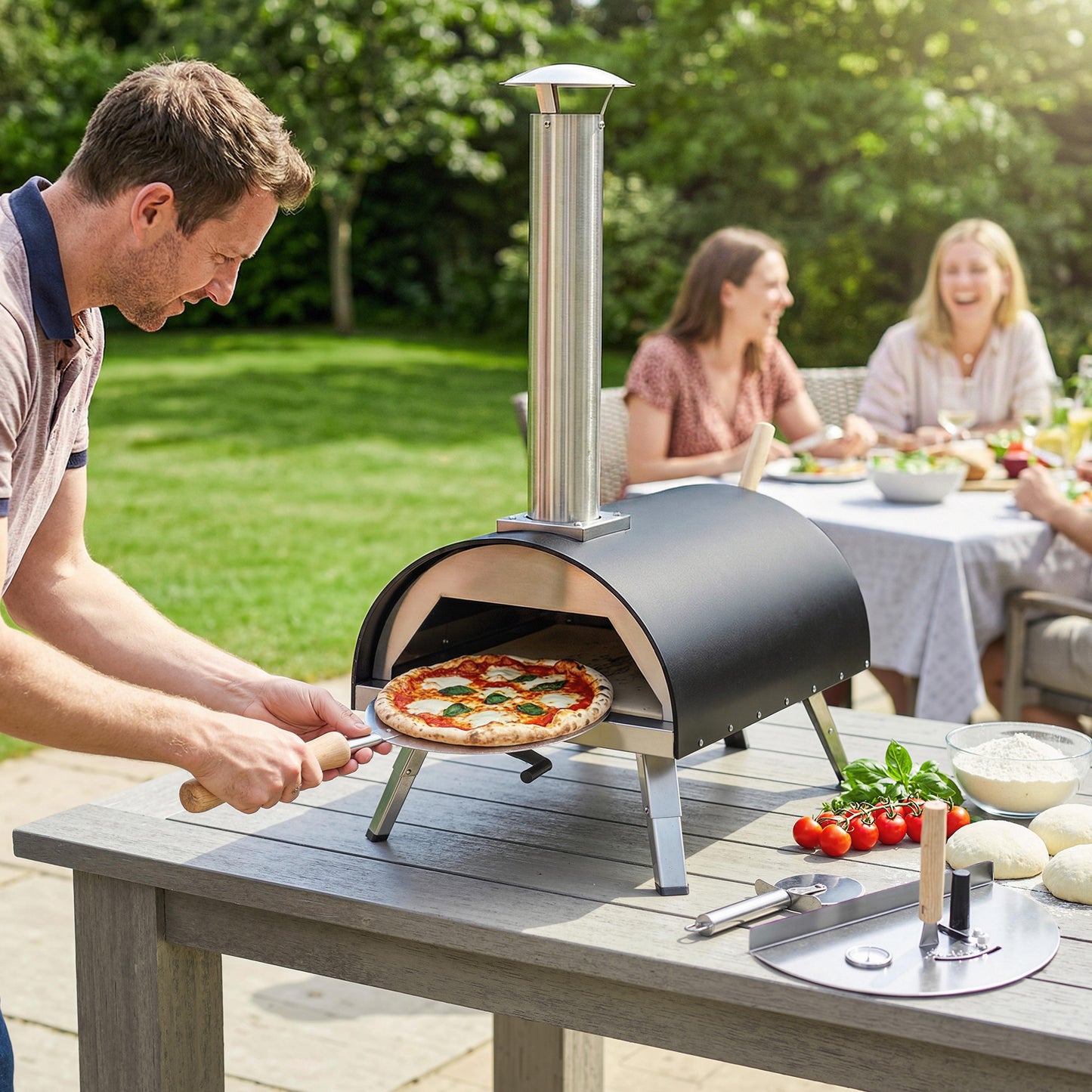 Wood-Fired Outdoor Pizza Oven | 500°C in 10 Mins | Rotating Stone | Peel Included | Foldable Legs | Black