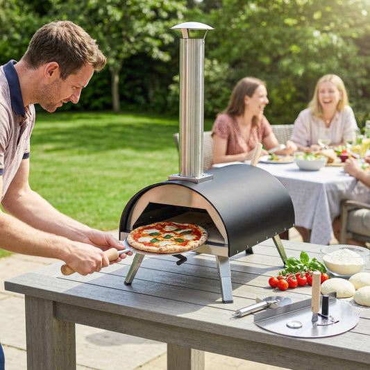Wood-Fired Outdoor Pizza Oven | 500°C in 10 Mins | Rotating Stone | Peel Included | Foldable Legs | Black