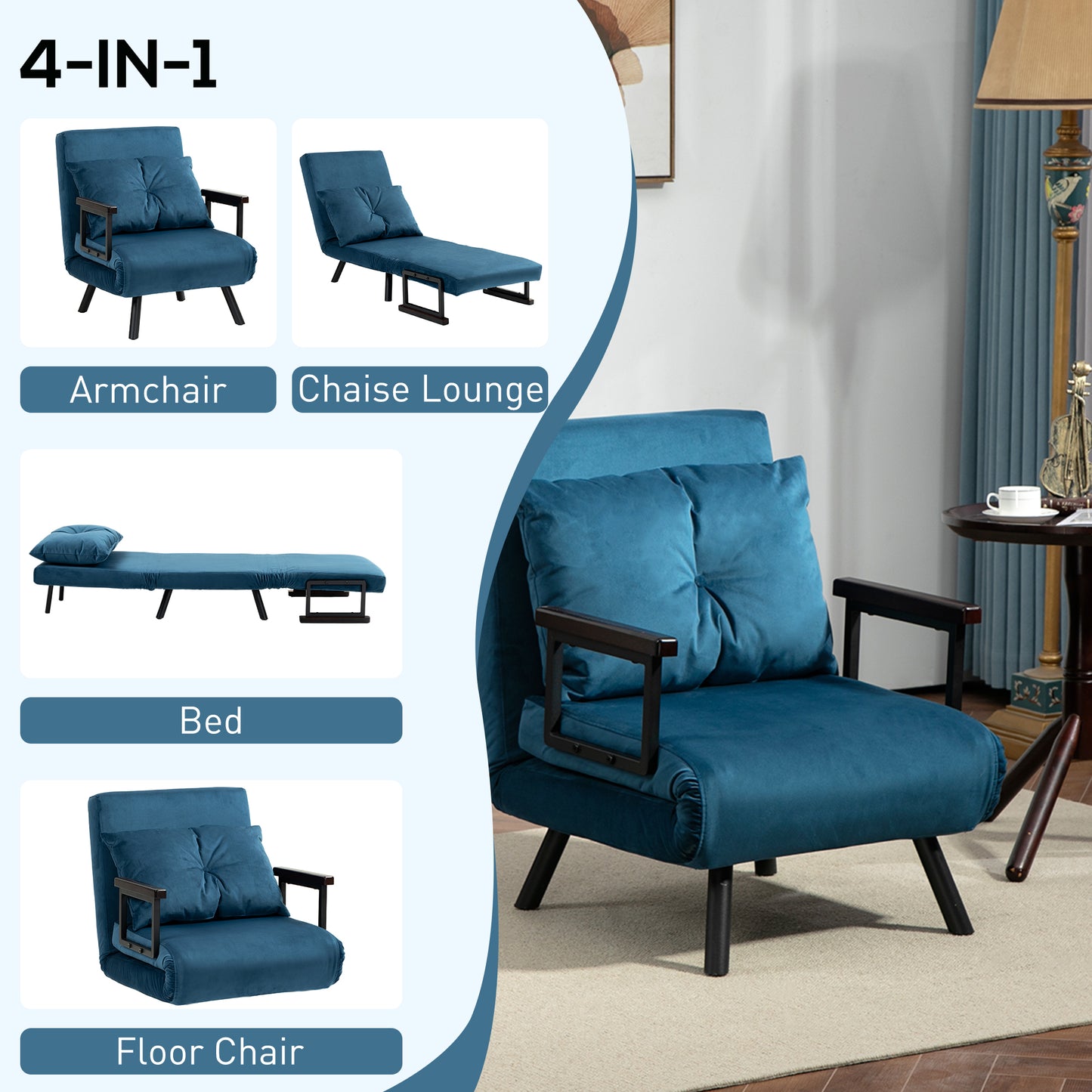 Click Clack Chair Bed, Convertible Single Chair Couch with 2 Cushions, for Living Room, Bedroom