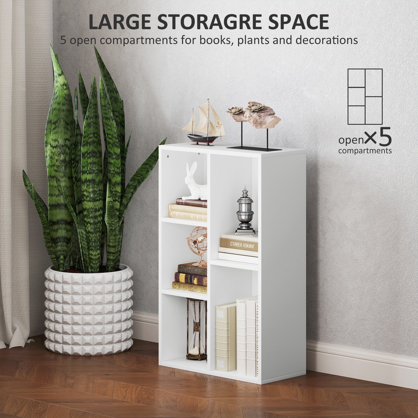 2-Tier Bookshelf with 5 Compartments - White / Black