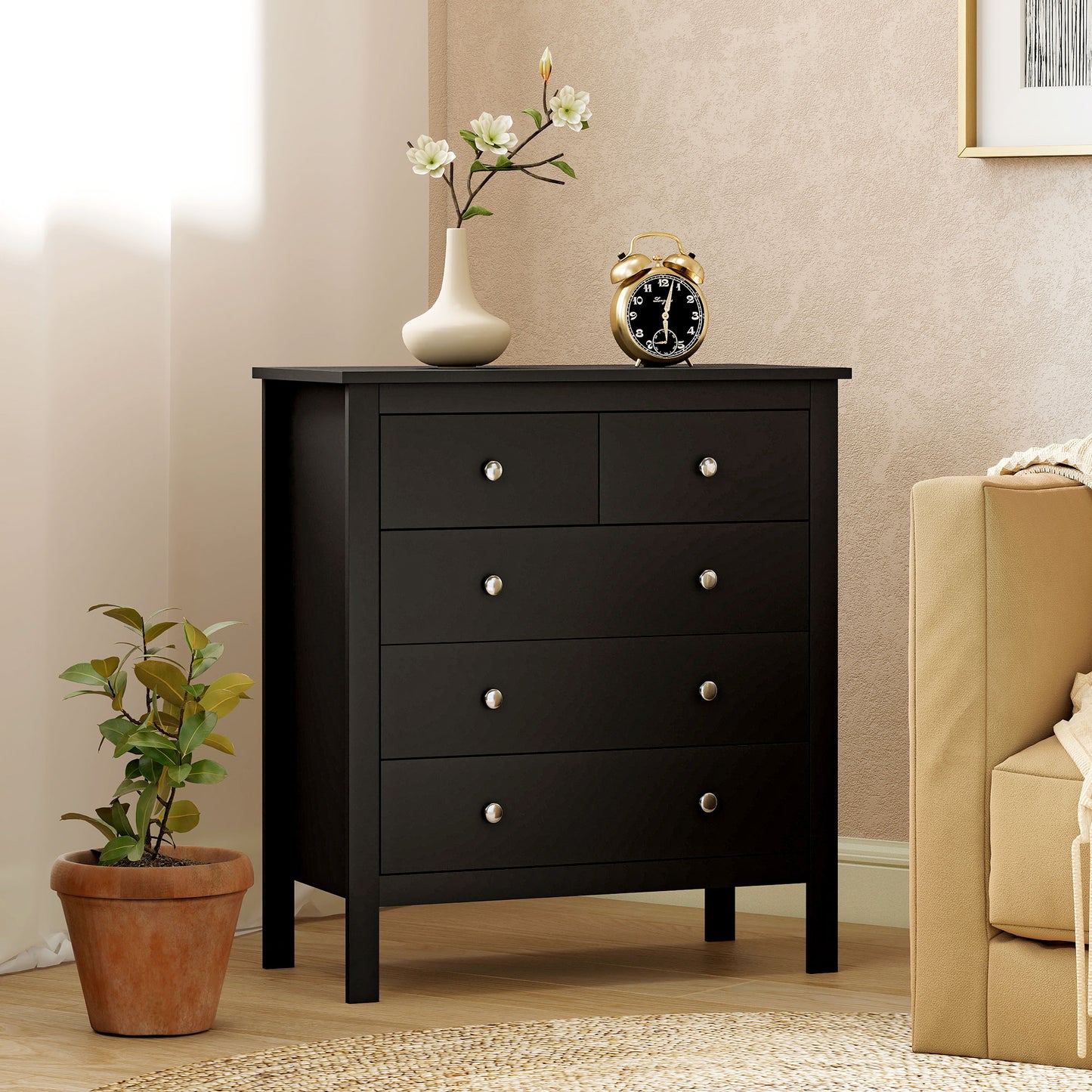 5-Drawer Chest of Drawers | 2 Small & 3 Large Drawers | Round Metal Knobs | Anti-Tip Straps | 70kg | Black