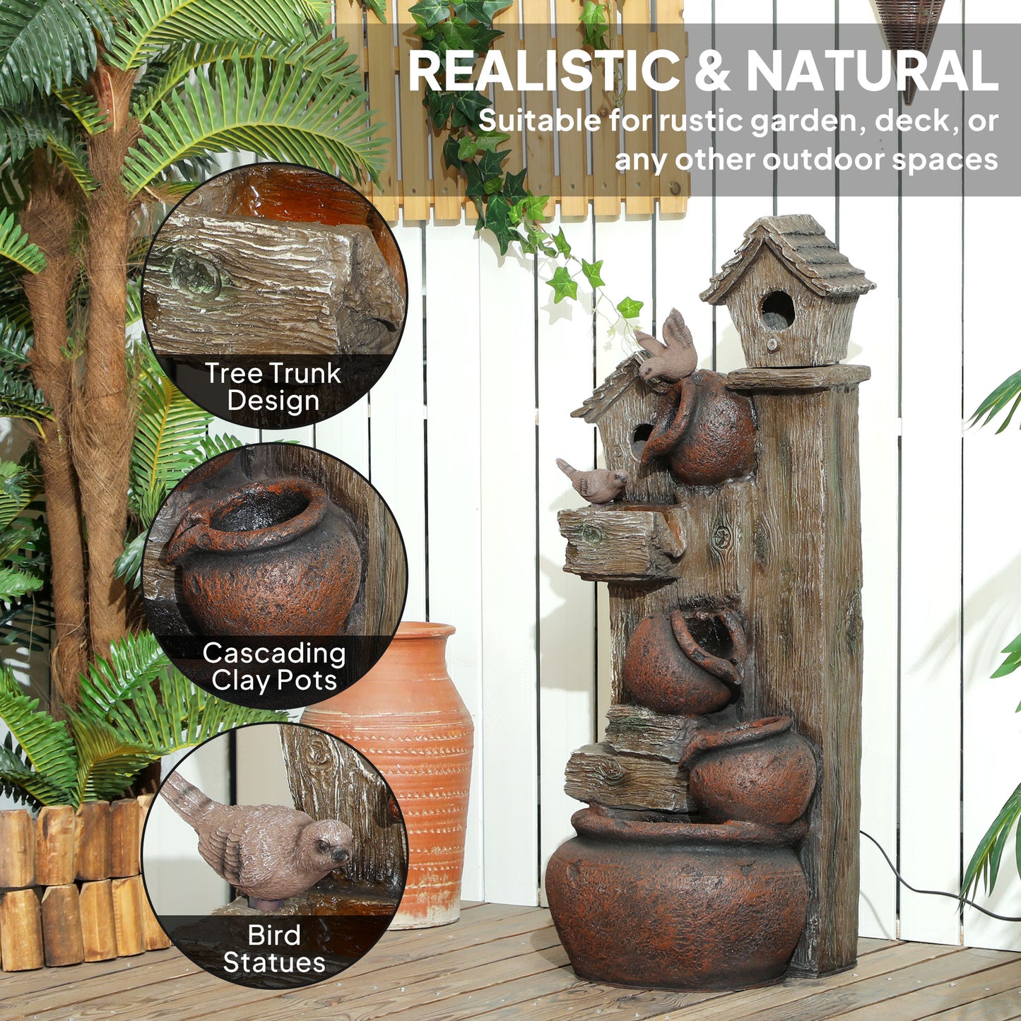 2-in-1 Waterfall Fountain with Birdhouse, Resin Garden Water Fountain with LED Lights Pump, Cascading Garden Water Feature with Tree Trunk Design