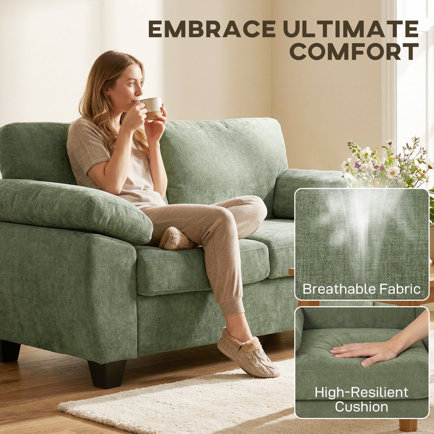 2 Seater Chenille Loveseat Sofa | 156cm | 18cm Pocket Spring Seat | Wide Padded Armrests | 300kg | Fire Retardant | Dark Green