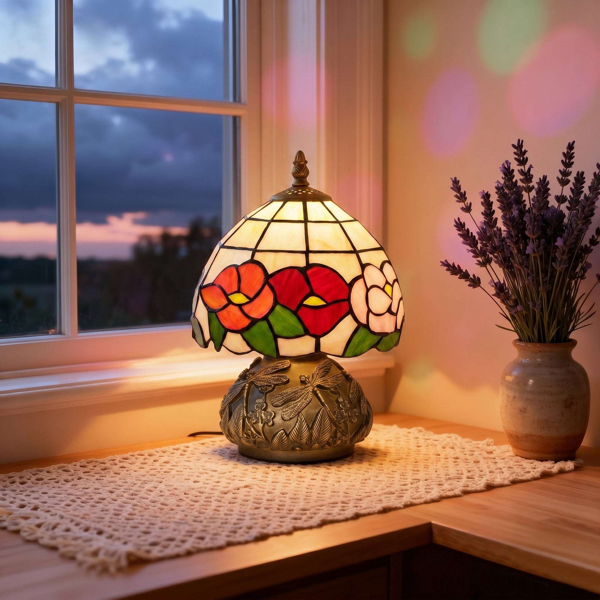 Tiffany-Style Handcrafted Stained Glass Table Lamp | Floral Motif | Sculpted Dragonfly Bronze Resin Base | Rocker Switch | E27 40W Max | 150cm Cable | Φ20x28cm | Multi-Coloured