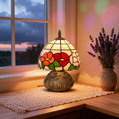 Tiffany-Style Handcrafted Stained Glass Table Lamp | Floral Motif | Sculpted Dragonfly Bronze Resin Base | Rocker Switch | E27 40W Max | 150cm Cable | Φ20x28cm | Multi-Coloured