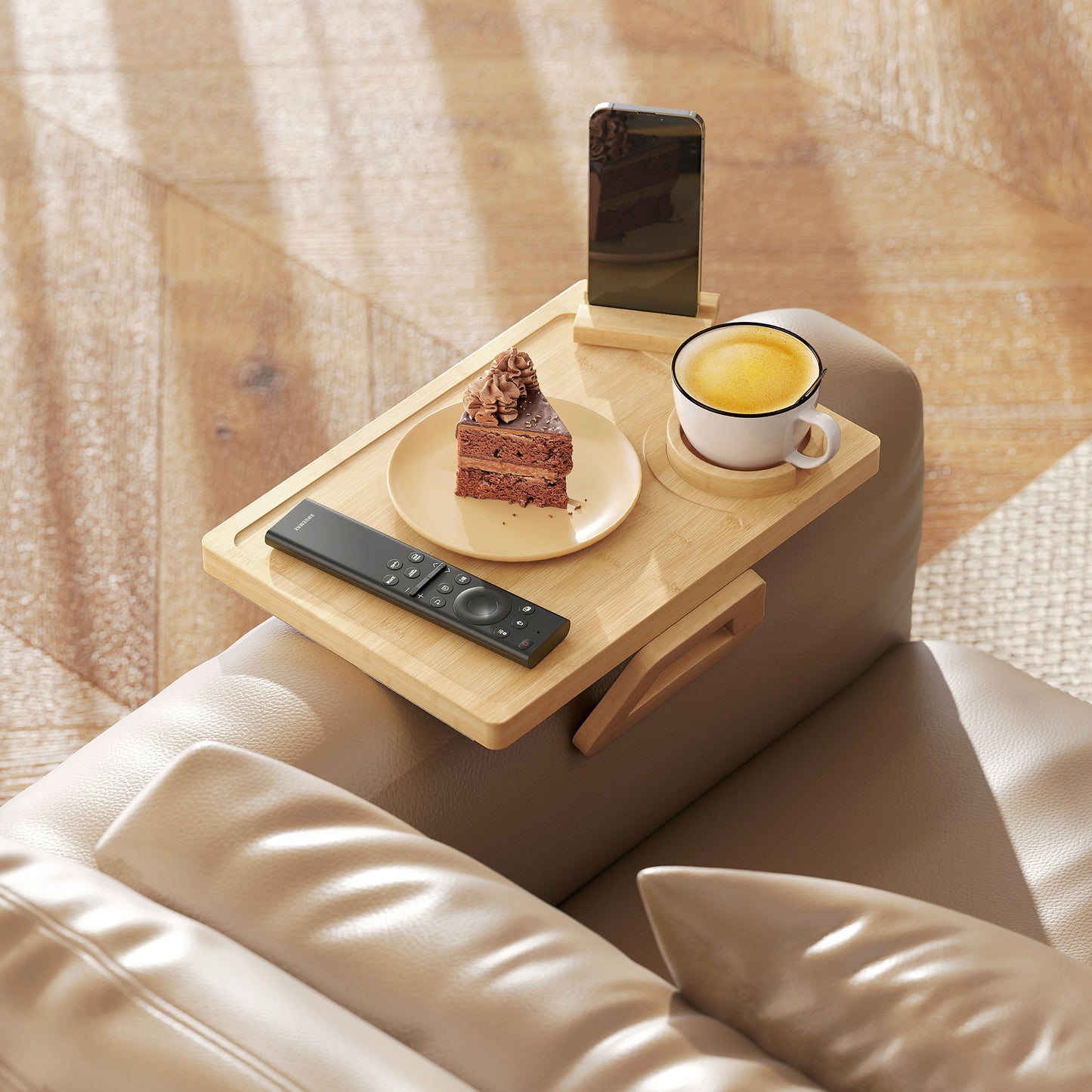 Bamboo Sofa Armrest Tray | 360° Phone & Tablet Holder | Removable Cup Holder | Anti-Slip | No Assembly | Natural
