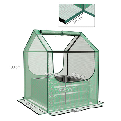 2-in-1 Raised Garden Bed with Mini Greenhouse Cover | Galvanised Steel Base | Open Bottom | 2 Roll-Up Windows | 61x61x29.5cm Bed | 70x70x90cm Cover | Green & Silver