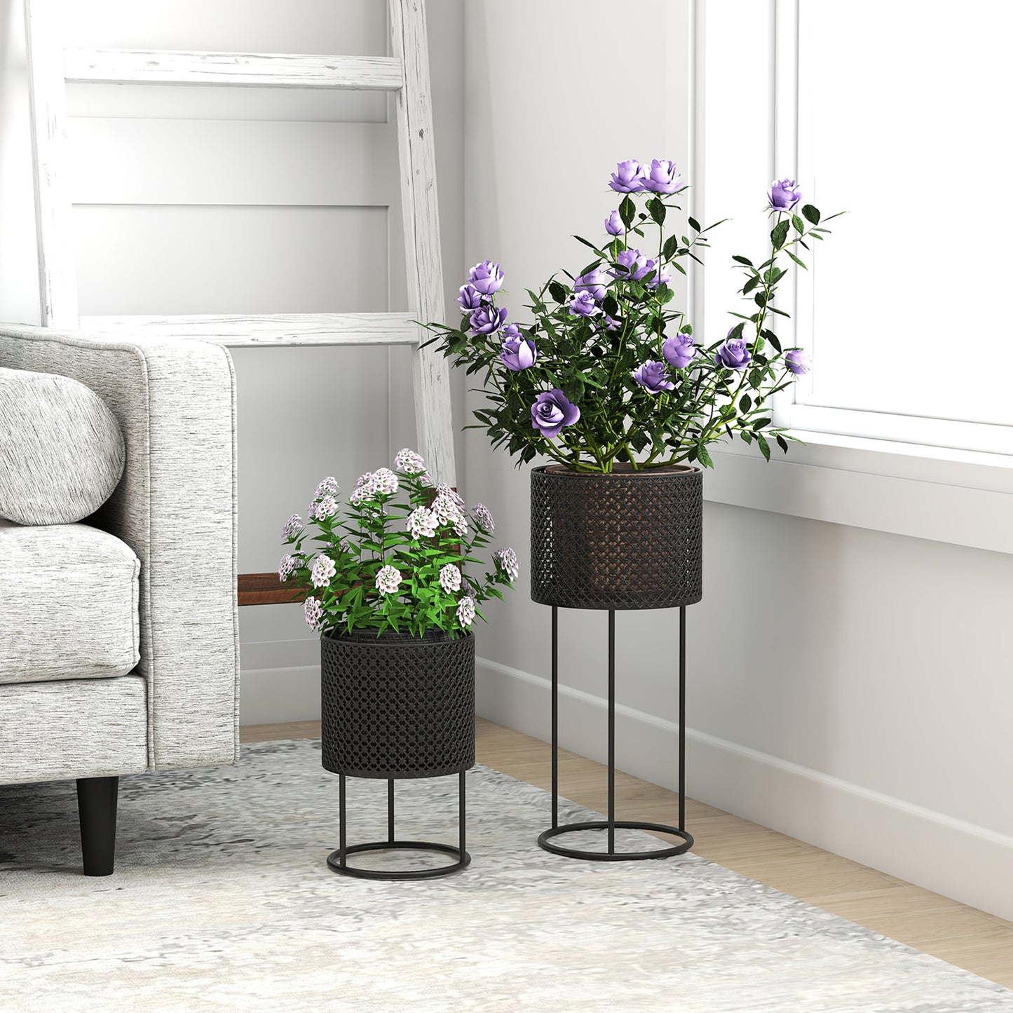 Set of 2 Powder-Coated Metal Plant Pots | Hollow Woven Design | Stackable | 10kg Large Ø23x50cm | 8kg Small Ø20x30cm | Patio Balcony & Indoor | Black