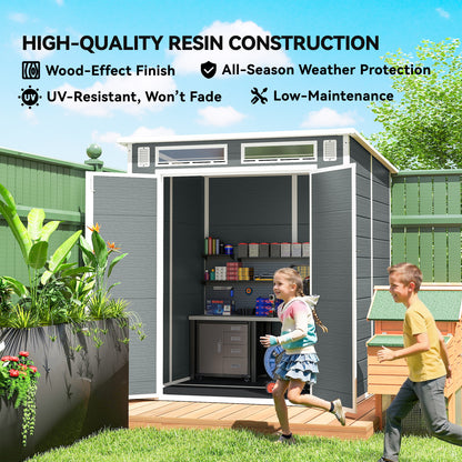 PP & Aluminium Garden Storage Shed with Floor | 3 Windows | Dual Vents | Double Doors | Lock & Keys | UV-Resistant | Water-Repellent | 40kg/m² Snow Load | 182x182x196cm | 2.89m² | Tools Bikes & BBQ | Grey