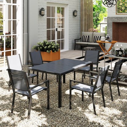7 Piece Garden Dining Set, Outdoor Furniture Set with 6 Stackable Chairs and 150 cm Rectangle Table, WPC Slatted Top, Rust-Resistant Steel Frame