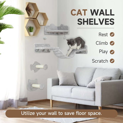 PawHut 4 Piece Cat Wall Shelves W/ Steps, Ladder, Jumping Platforms, Light Grey