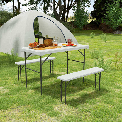 3 Piece 4ft Folding Picnic Table and Bench Set, Portable HDPE Camping Table and Chairs with Carrying Handle, Dining, Camping, Picnic, BBQ, Party, Light Grey